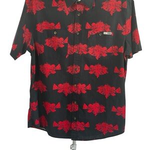 Salty Crew Black Short-Sleeve Button-Up with Red Fish Print Coastal Surf Fishing